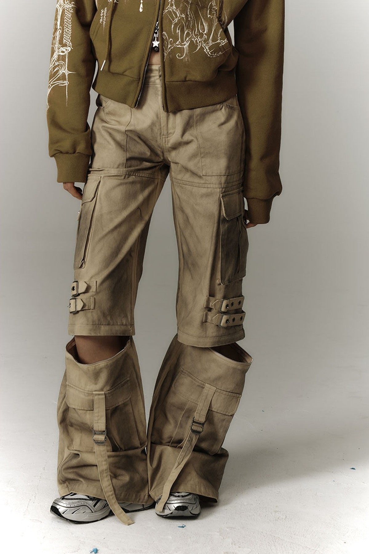 Detachable Washed Workwear Wide-Leg Pants