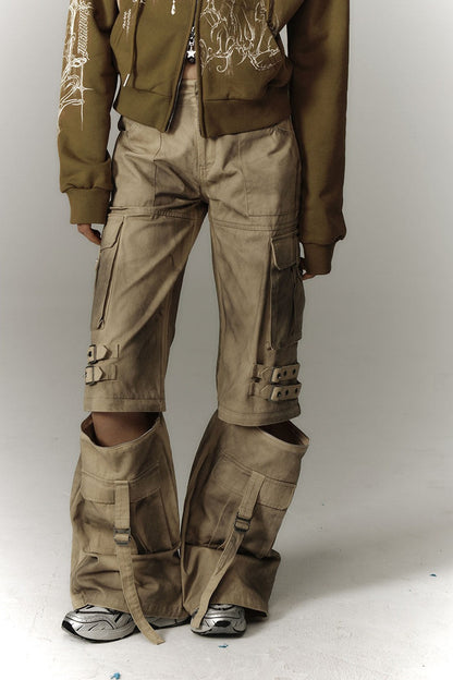 Detachable Washed Workwear Wide-Leg Pants