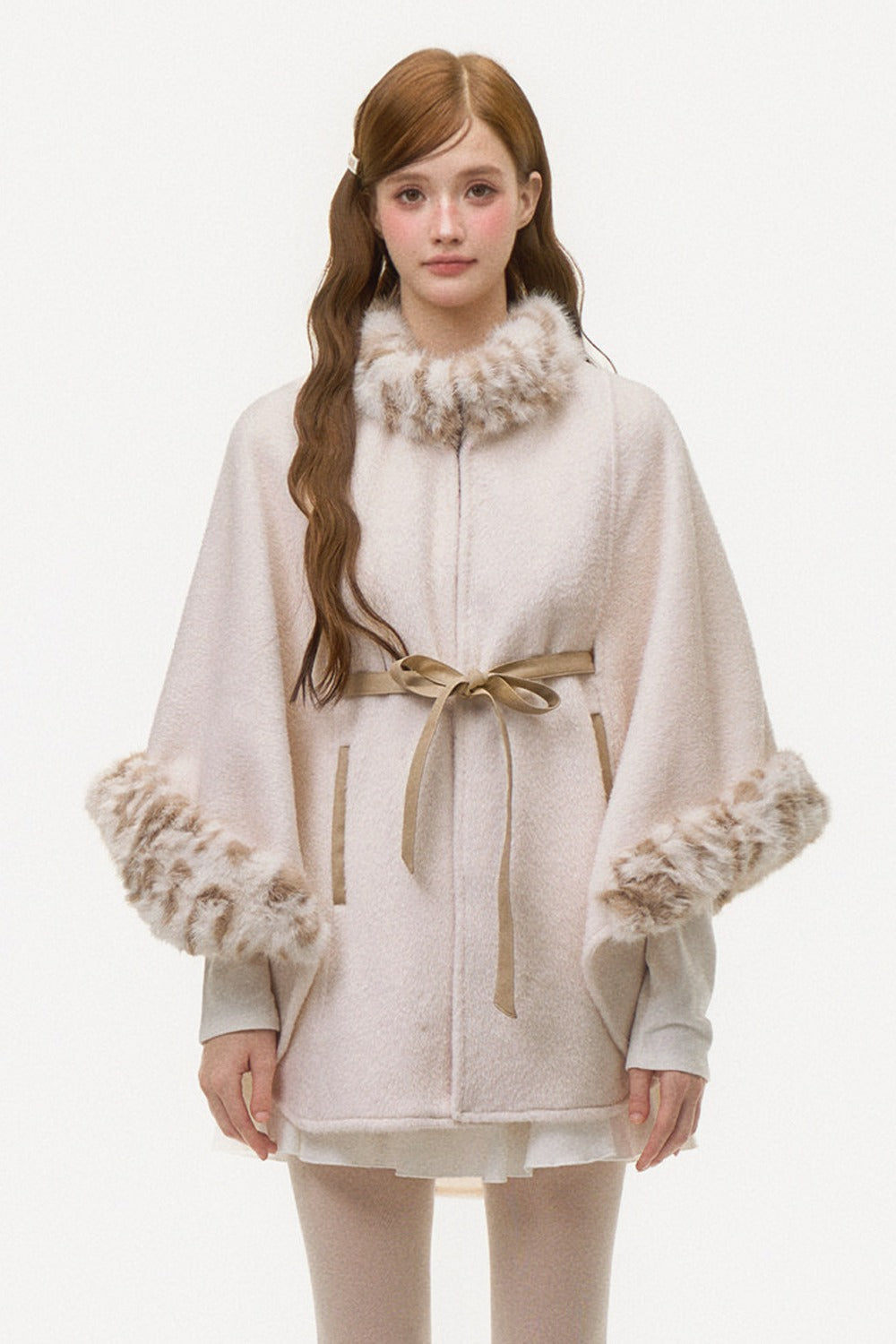 Leopard Print Fur Spliced Wool Cape