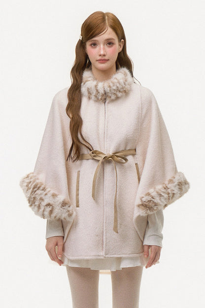 Leopard Print Fur Spliced Wool Cape