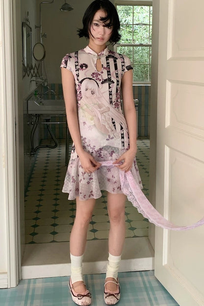 Lila Retro-Qipao-Kleid mit Blumenmuster