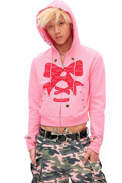 Distressed Lace Bow Hoodie