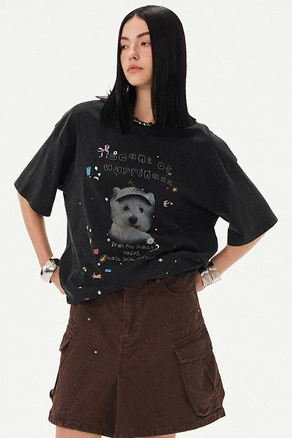 Rhinestone Cartoon Dog Drop Shoulder T-Shirt