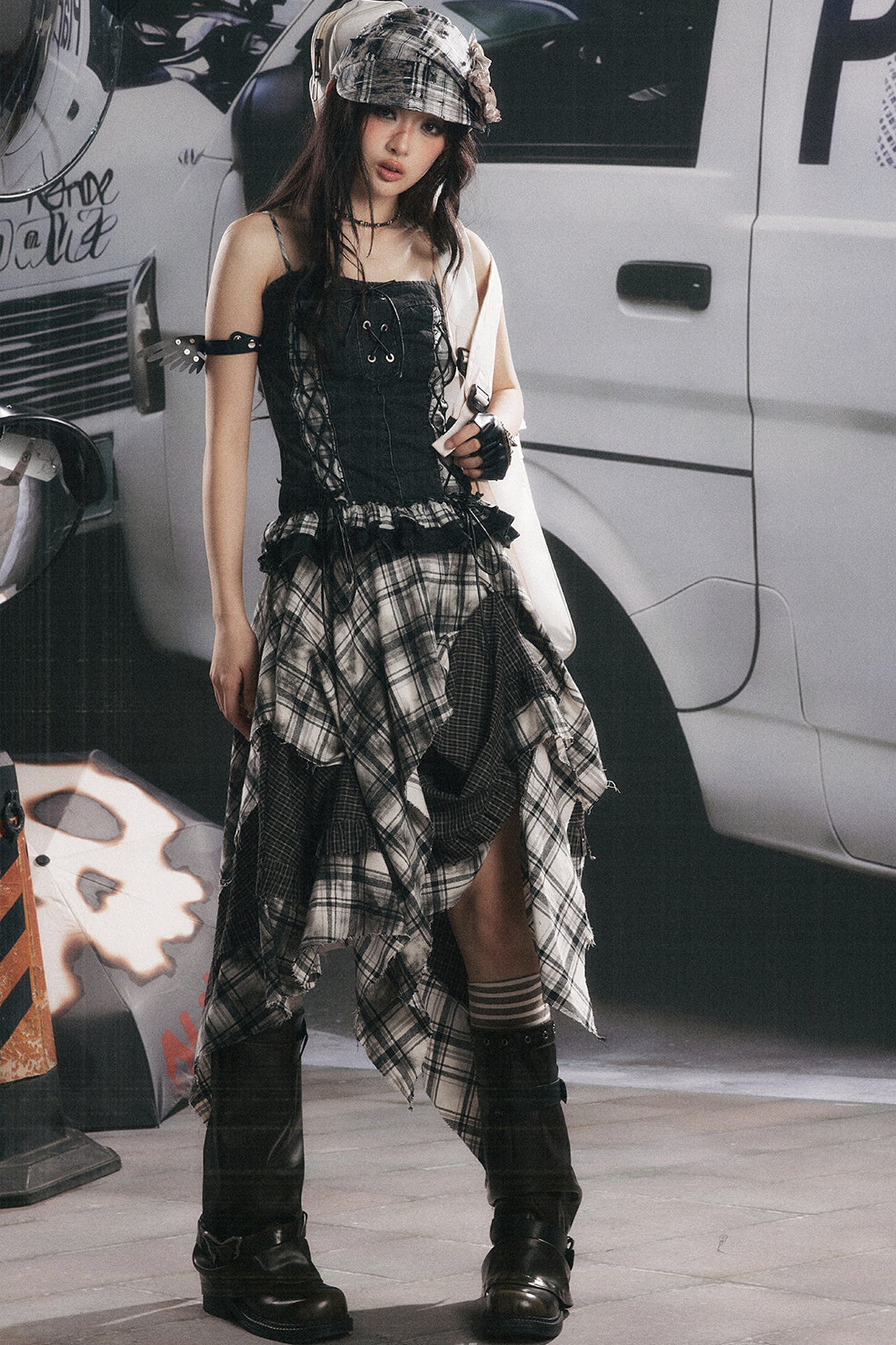 Plaid Splicing Ruffled Denim Camisole Top