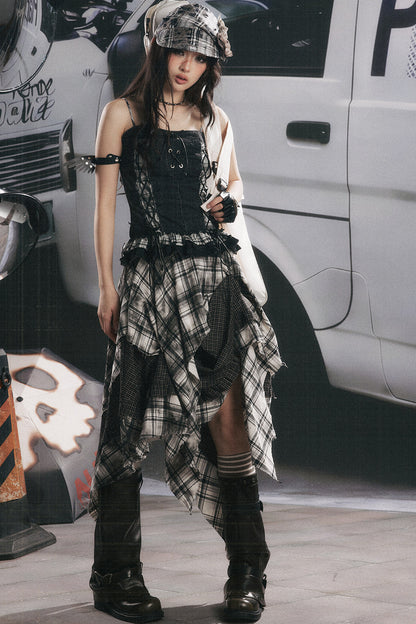 Plaid Splicing Ruffled Denim Camisole Top