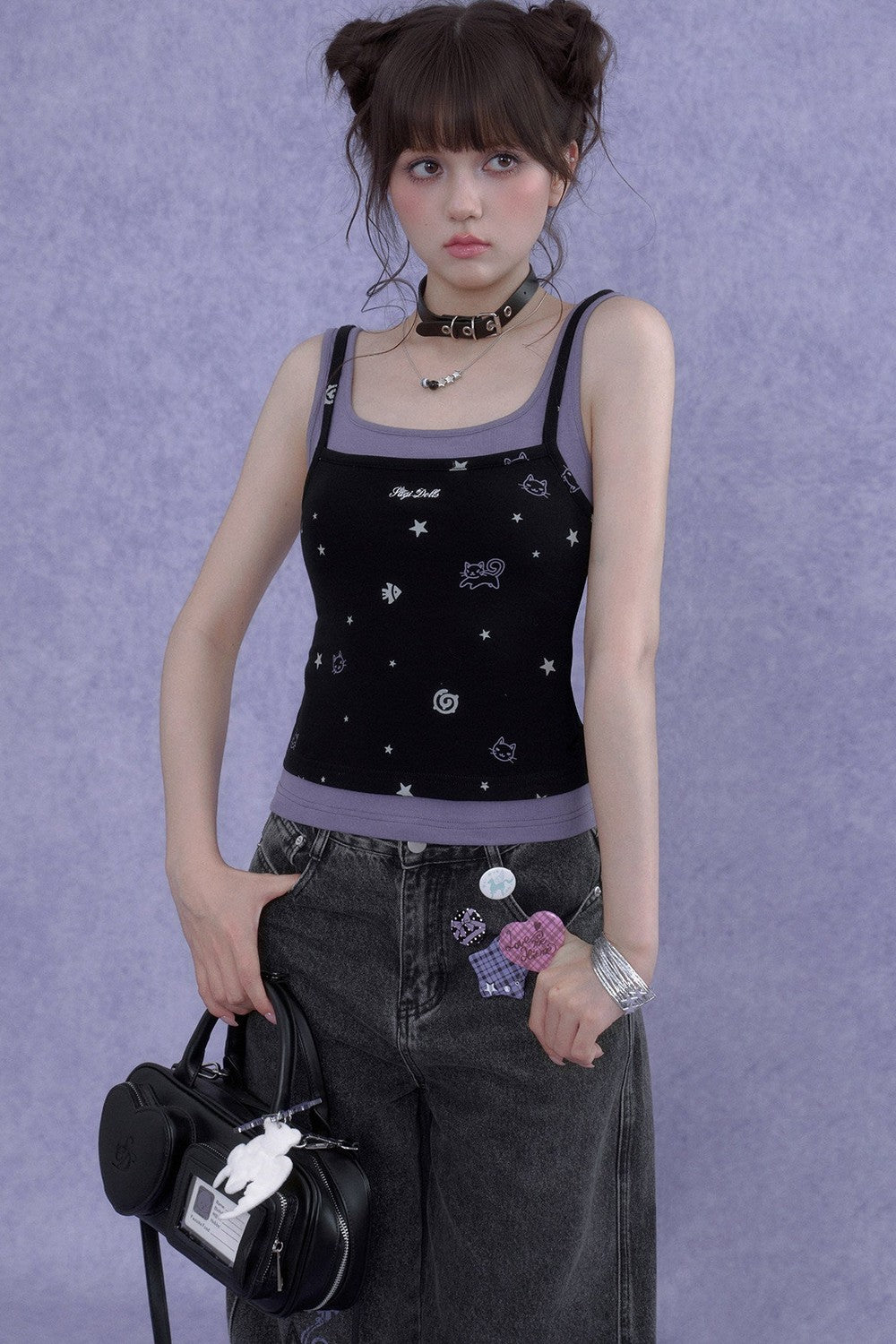 Black Purple Cutout Camisole Set-Up