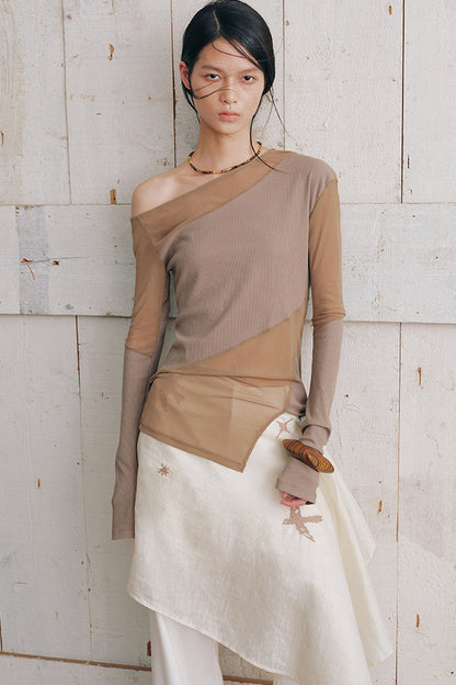 Asymmetrical Sheer Long Sleeve Blouse