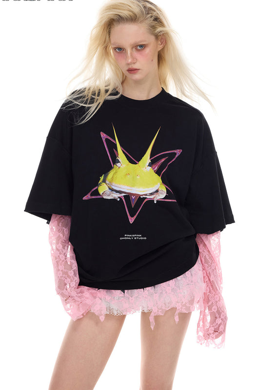 Y3K Punk Horned Frog Print Blouse