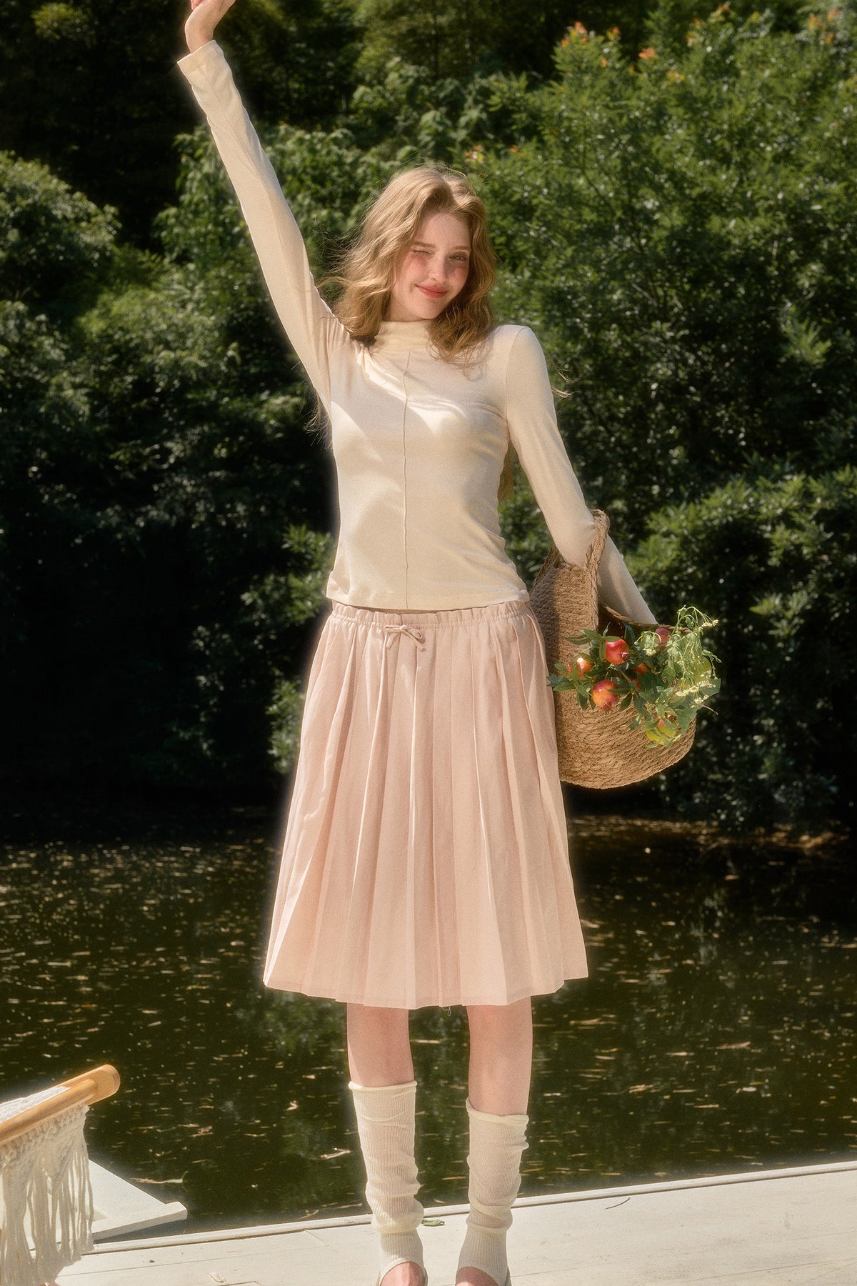 Elastic Waist Deer A-Line Pleated Skirt