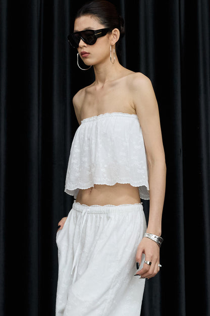 White Cotton Hollow Embroidery Top And Pants Set-Up