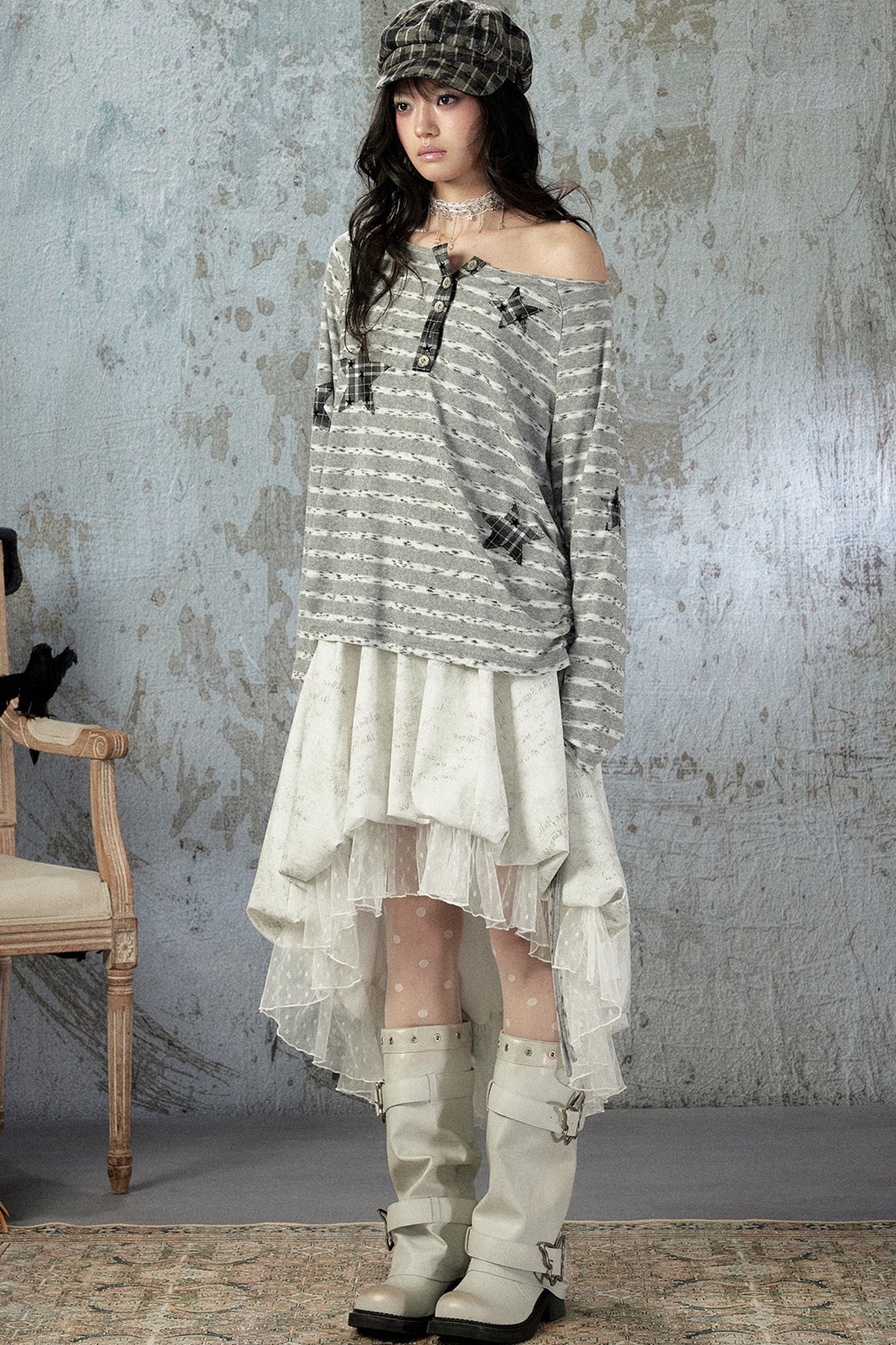 Striped Off-Shoulder Long-Sleeve T-Shirt