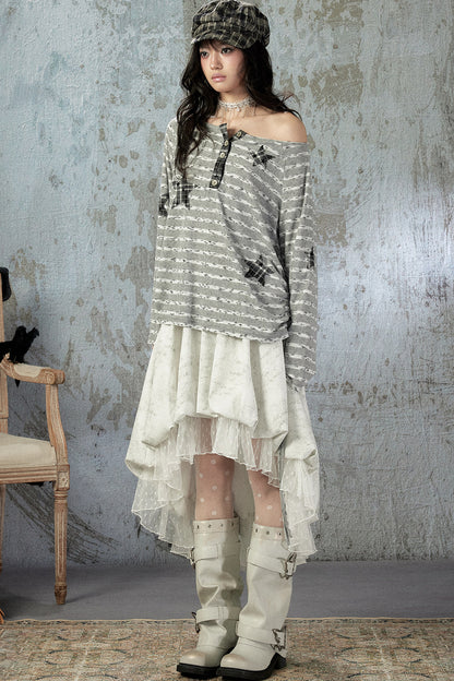 Striped Off-Shoulder Long-Sleeve T-Shirt
