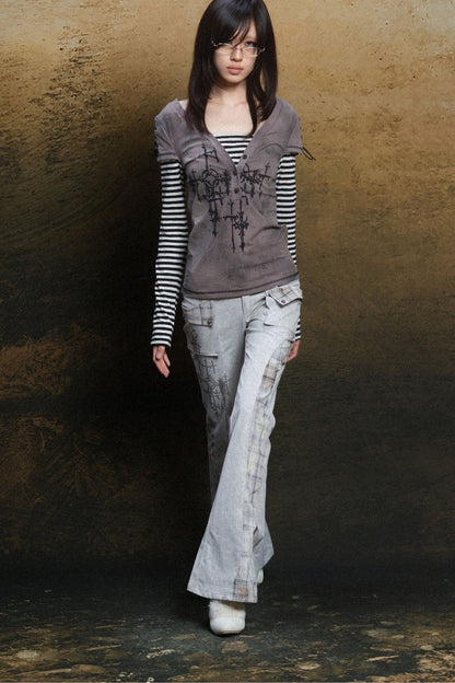 Cross Print Layered-Look V-Neck T-Shirt