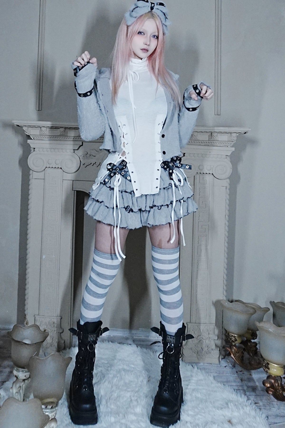 Plush Hooded Cat Ear Cardigan and Skirt Set-Up