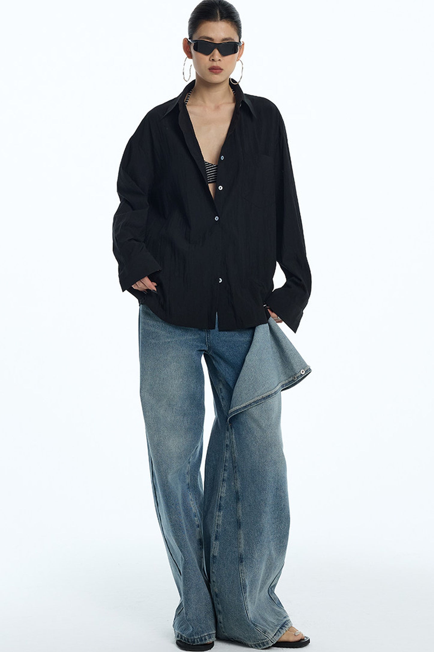 Asymmetrical Deconstructed Denim Wide-Leg Pants