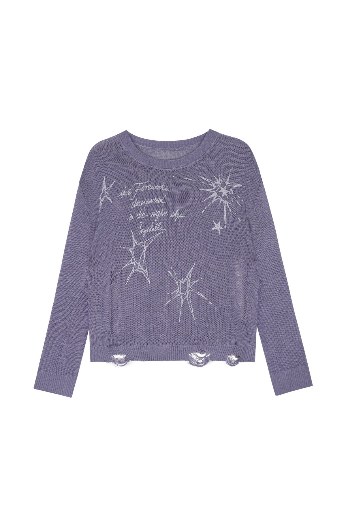 Purple Ripped Knit Mesh Print Sweater