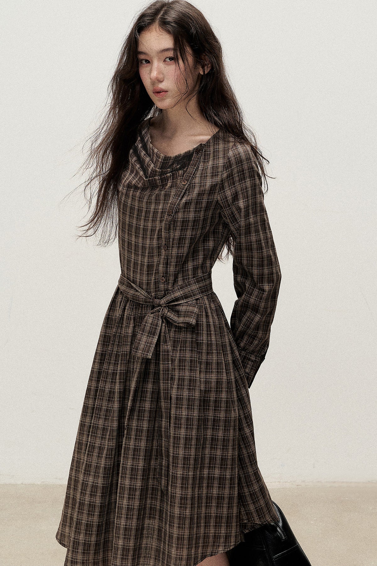 Plaid Diagonal Placket Ribbon Dress