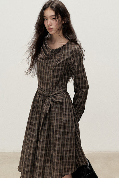 Plaid Diagonal Placket Ribbon Dress