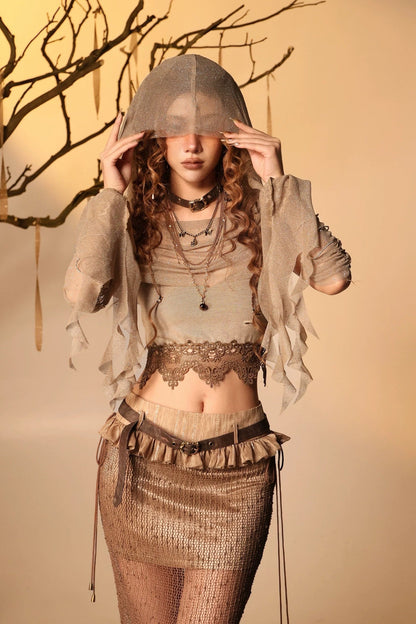Wasteland Style Lace Camisole Hood Cape Sleeve Set-Up