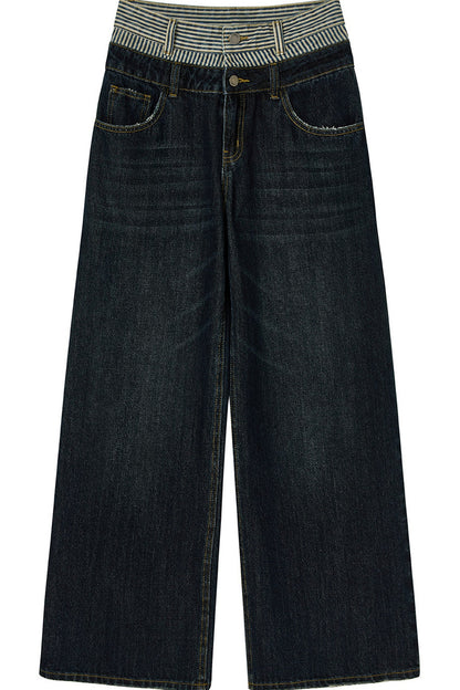 Striped Double Waistband Wide-Leg Jeans