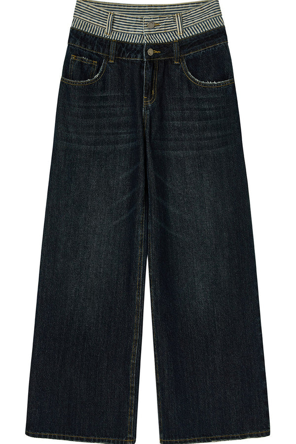 Striped Double Waistband Wide-Leg Jeans