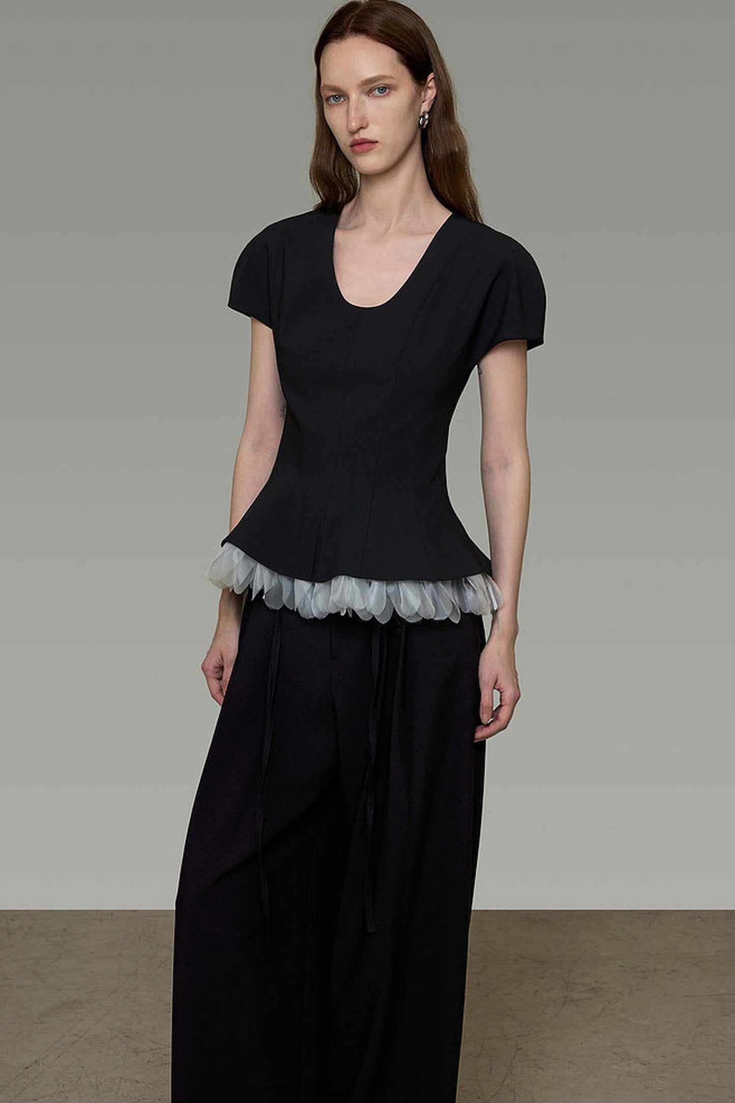 Color-Blocked U-Neck Waist-Cinching Blouse