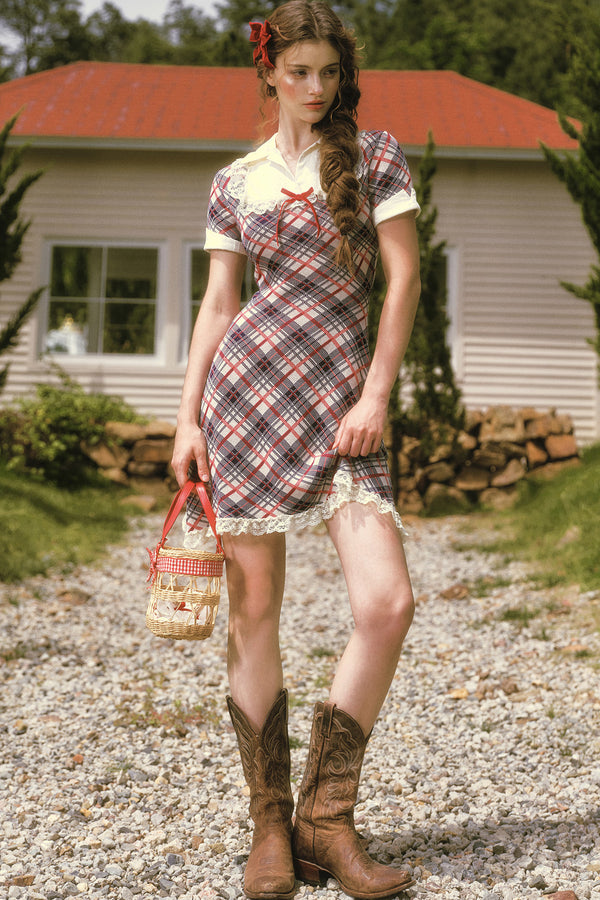 Plaid Contrast Lapel Dress