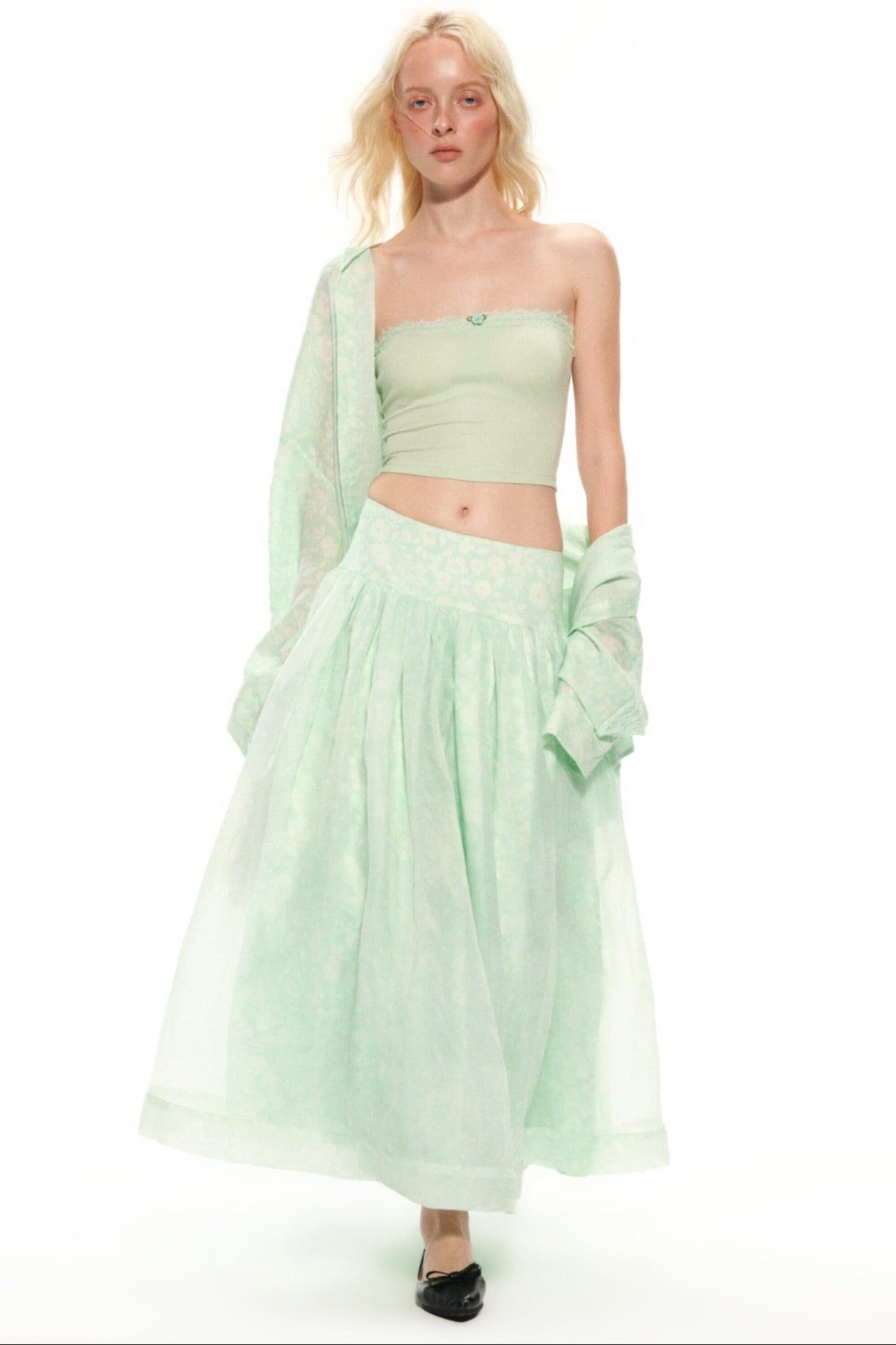 Mint Green Knitted Lace Tube Top, Pants and Skirt Set-Up