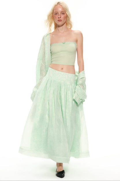 Mint Green Knitted Lace Tube Top, Pants and Skirt Set-Up