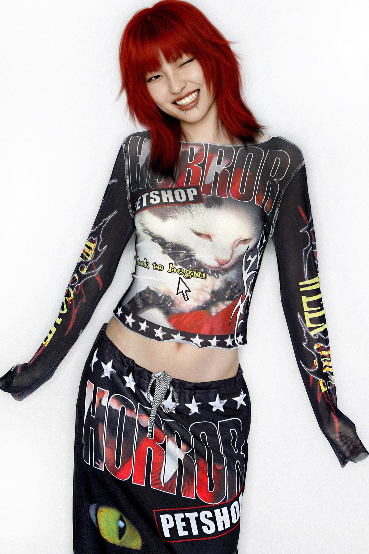 Y2K Graphic Long Sleeve Mesh Top
