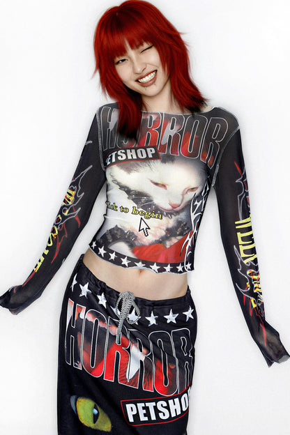 Y2K Graphic Long Sleeve Mesh Top