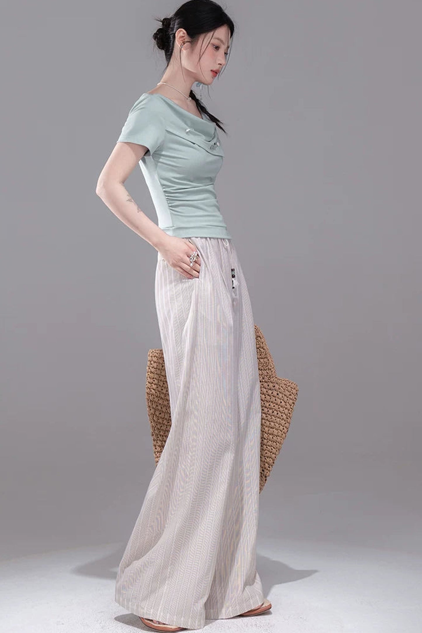 Linen Striped Wide-Leg Pants