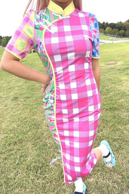 Y2K Patchwork Checkered Cheongsam Dress