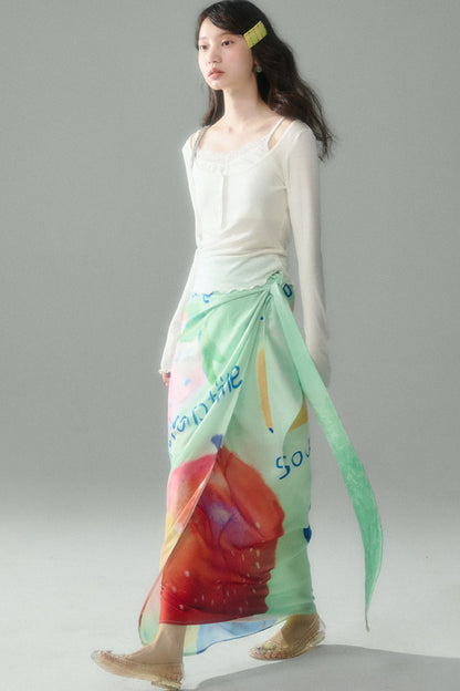 Hand-Painted Fruit Print T-Shirt and Wrap Skirt Set-Up
