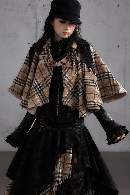 Reversible Wool Blend Plaid Cape