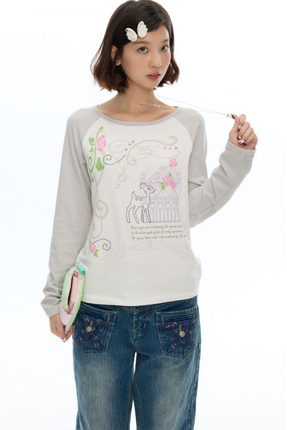 Deer Rose Print Long Sleeve Raglan Tee