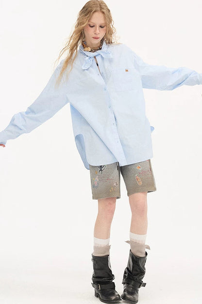 Washed Cotton Scarf-Style Blouse