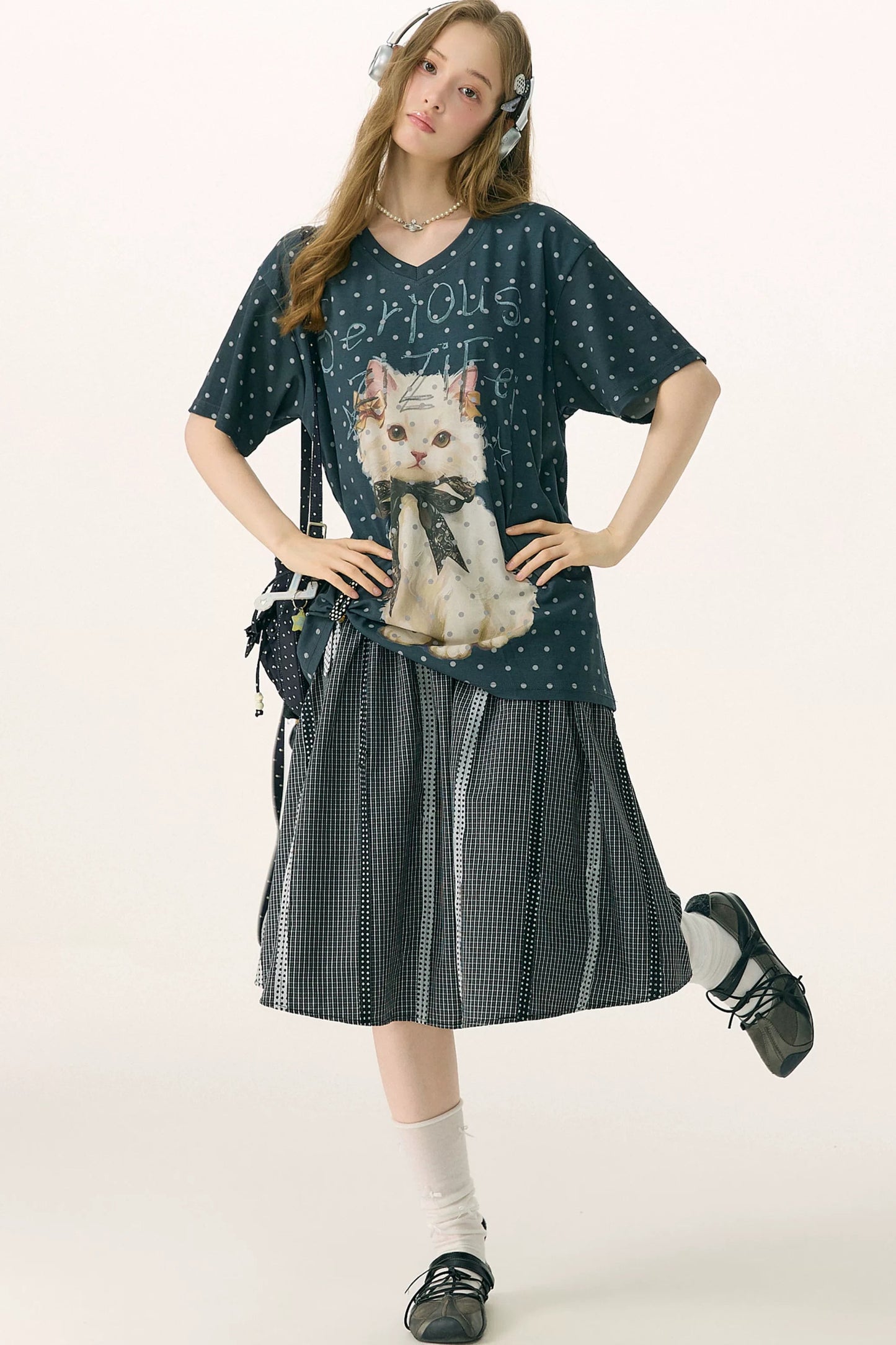Polka Dot Cat V-Neck Blouse
