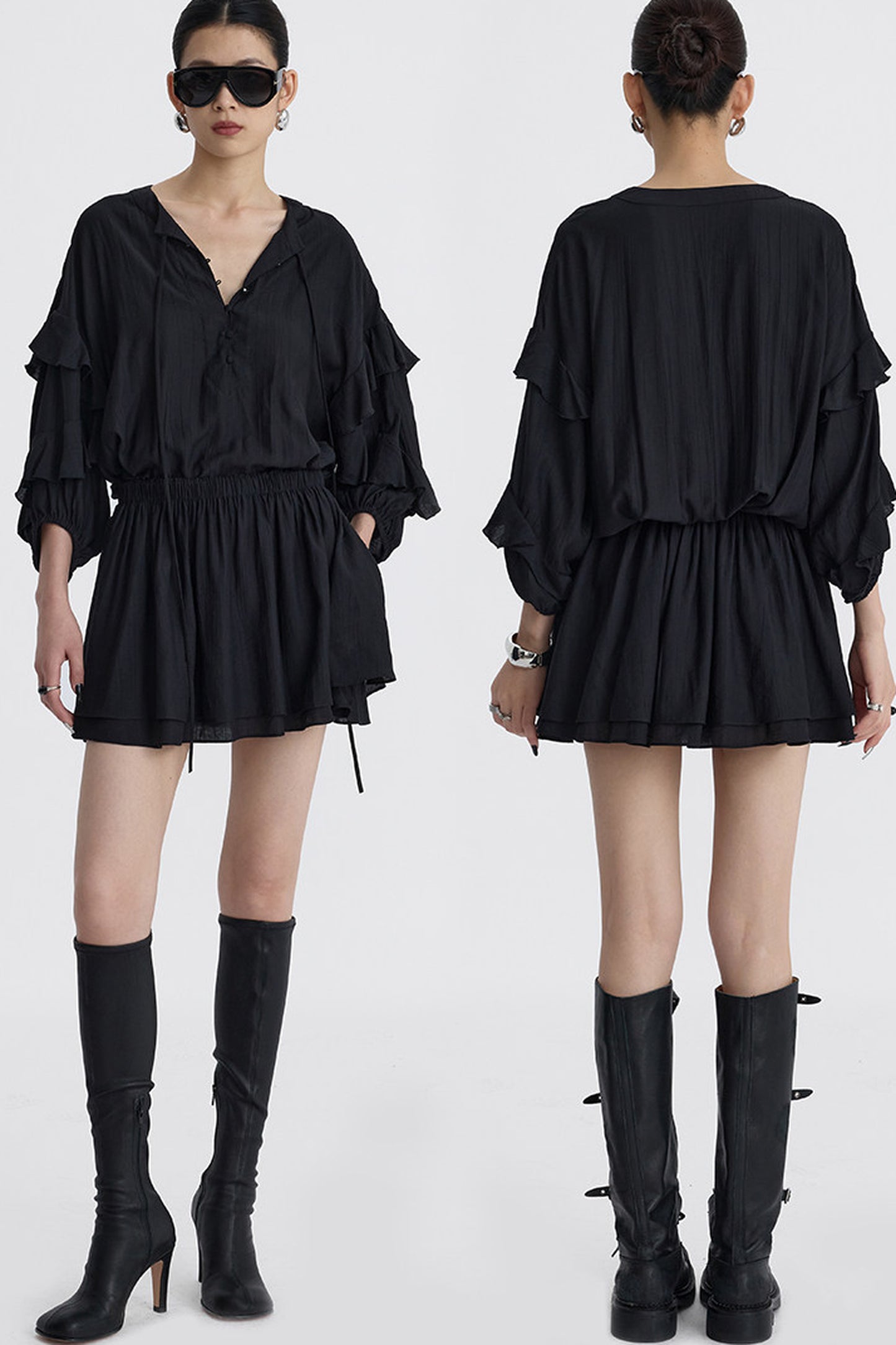 Black V-Neck Ruffle Lantern Sleeve Dress