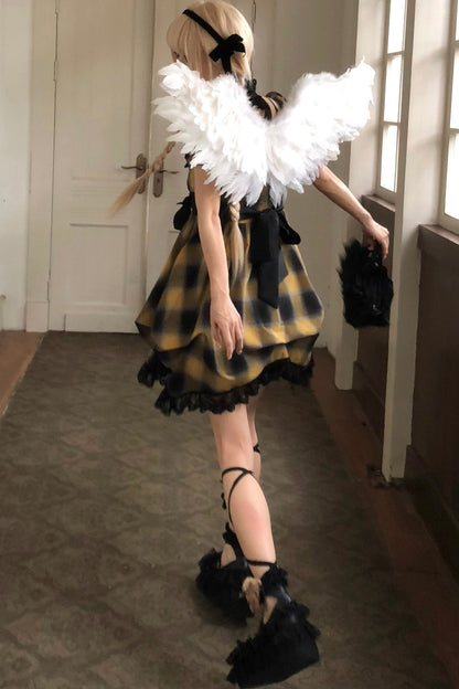 Yellow Plaid Puff Sleeve Dress Set-Up