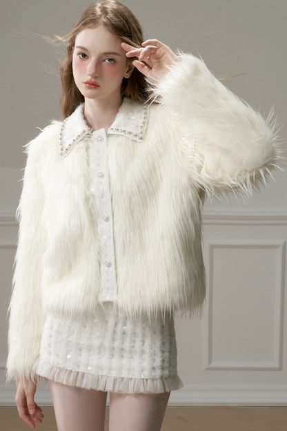 Snow Mountain Silver-White Long-Haired Fur Coat and Skirt Set-Up