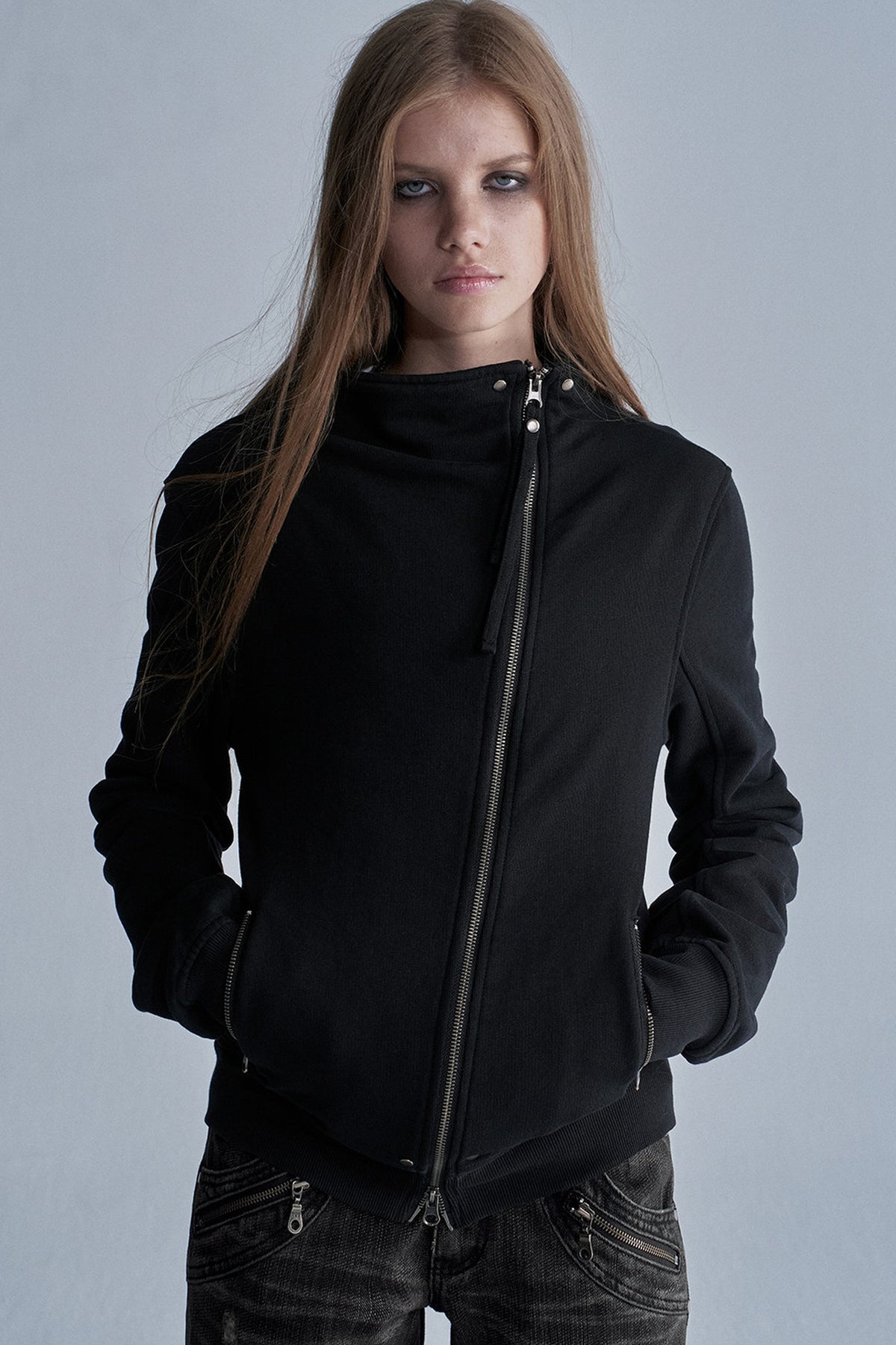 Diagonal Zipper Rivet Cardigan Jacket