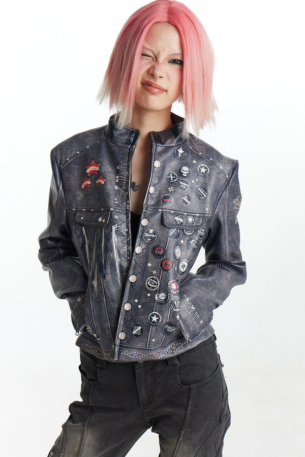 Distressed Punk Biker Leather Jacket