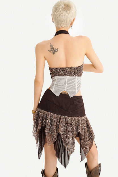 Western Sequin Asymmetrical Mini Skirt