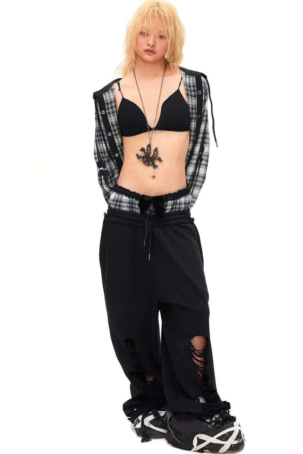 Velvet Bow Ripped Sweatpants