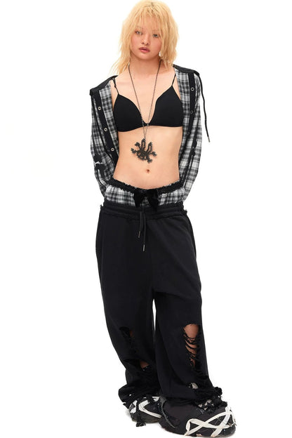 Velvet Bow Ripped Sweatpants