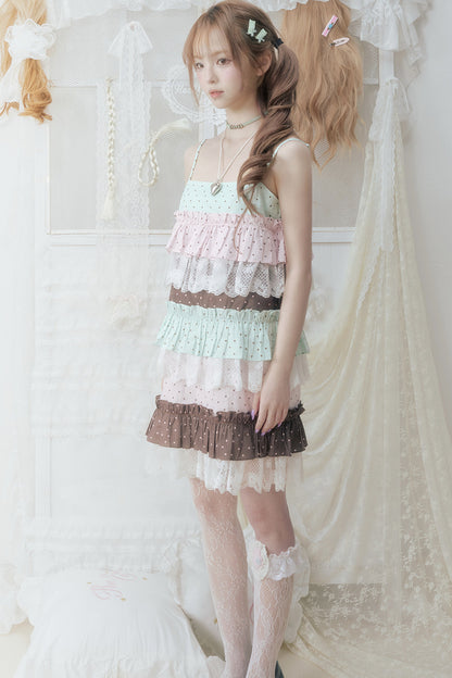 Pink Green Polka Dot Lace Ruffle Dress