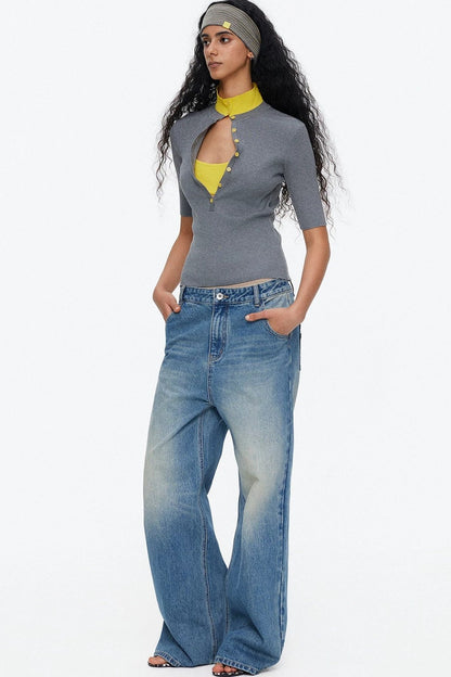 Lyocell Color-Blocked Fake Two-Piece Knit Top