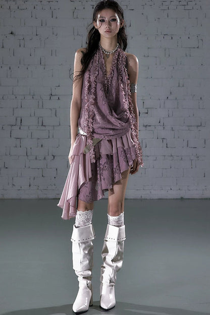 Abito halter con ruches in pizzo