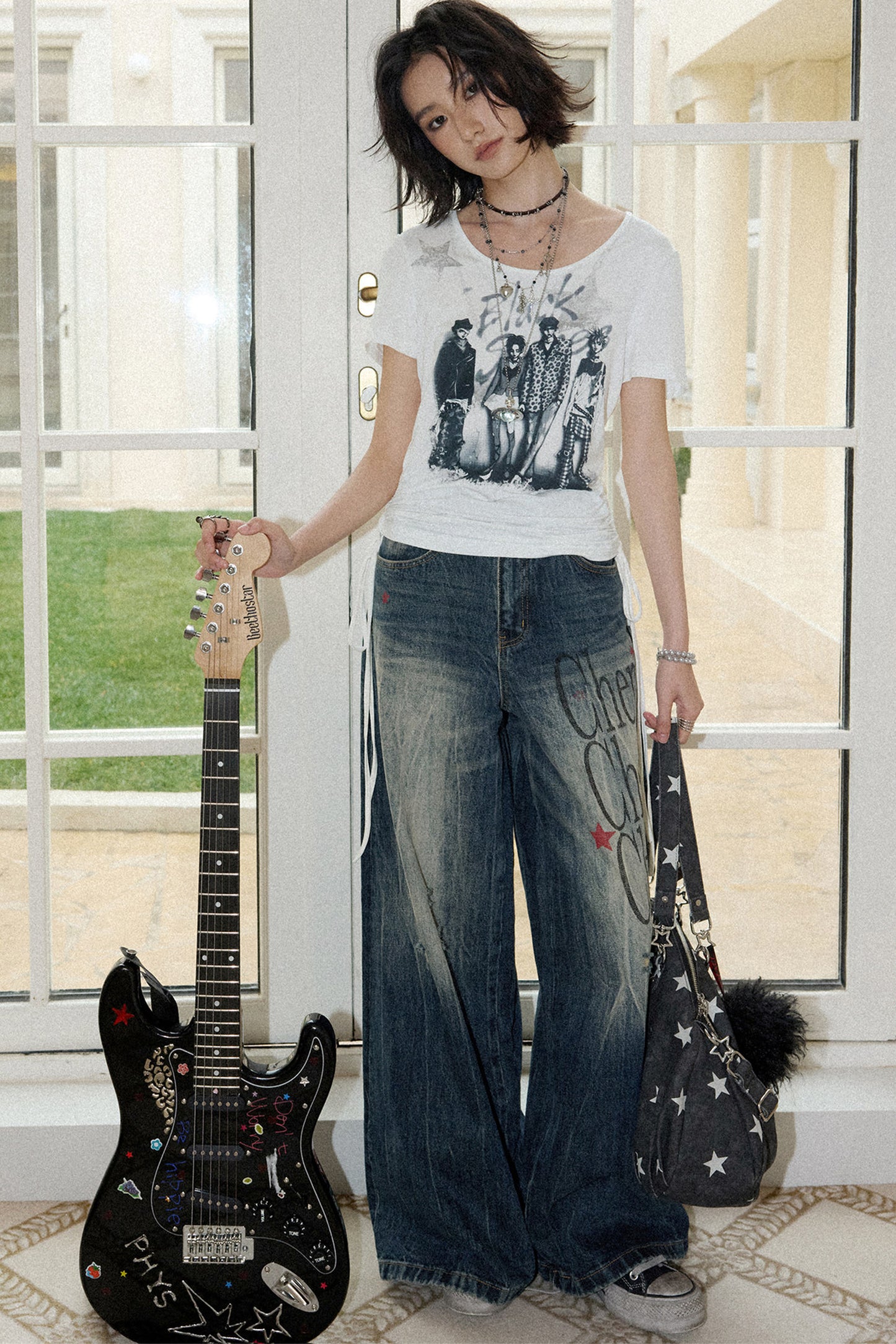 Portrait Print Drawstring Top